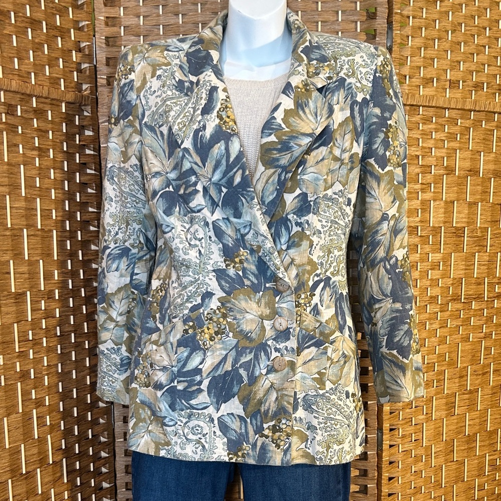 Suits Galore Floral Blazer Jacket Size 6 Blue Green Light Weight Vintage Style